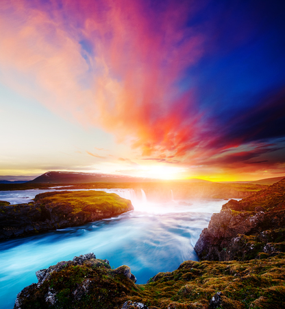 Great rapid flow of water powerful Godafoss cascade. Popular tourist attraction. Dramatic and gorgeous scene. Location place Bardardalur valley, Skjalfandafljot river, Iceland, Europe. Beauty world.の写真素材