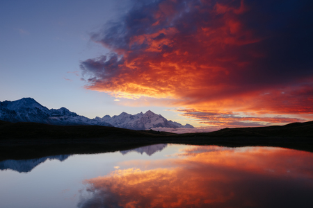 Stunning image of the fantastic lakes Koruldi at the foot of Mt. Ushba. Dramatic morning scene. Location place Upper Svaneti, Mestia, Georgia, Europe. High Caucasus ridge. Explore the world's beauty.の写真素材