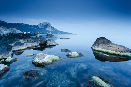 Magical Black sea in the evening light. Breathtaking scene. Location place Crimea, Ukraine, Europe. Blue toning effect. Wonderful image of wallpaper. Art photography. Discover the world of beauty.の写真素材