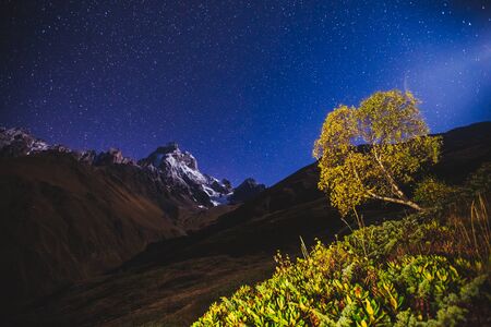Scenic image of night sky over the peak Ushba. Location Mestia, Upper Svaneti, Georgia, Europe. Main...