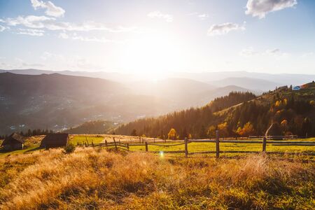 Captivating alpine valley in sunlight. Location Carpathian national park, Ukraine, Europe. Picture of a rustic area. Scenic image of farming concept. Adventure vacation. Discover the beauty of earth.の写真素材