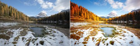 Calm lake Antorno in National Park Tre Cime di Lavaredo. Location Dolomiti alps, Italy, Europe. Images before and after. Original or retouch, example of photo editing process. Beauty of earth.の写真素材