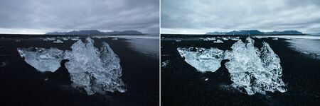 Pieces of the iceberg sparkle. Location Jokulsarlon lagoon, Diamond beach, Vatnajokull national...