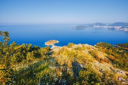 Aerial view of the small islet. Location place church St. Sava, Montenegro, Balkans, Adriatic sea, Europe. Scenic image of famous european travel destination. Explore the world's beauty.の写真素材