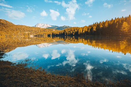 Peaceful view of Black lake. Location National park Durmitor, village Zabljak, Montenegro, Balkans, Europe. Scenic image of travel destination. Wallpaper summer vacation. Discover the beauty of earth.の写真素材