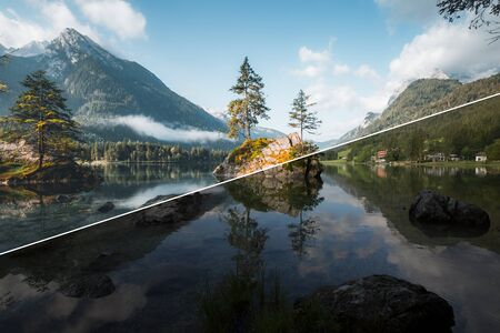 Amazing view of lake Hintersee. Location Ramsau, Berchtesgadener Land, Bavaria, Germany Alps, Europe. Beauty of earth. Images before and after.の写真素材