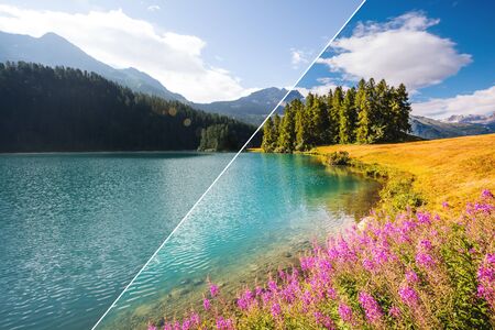 Breathtaking lake Champfer is a unique place. Location Silvaplana village, Swiss alps, Maloja, Europe. Beauty of earth. Images before and after. Original or retouch, example of photo editing process.の写真素材