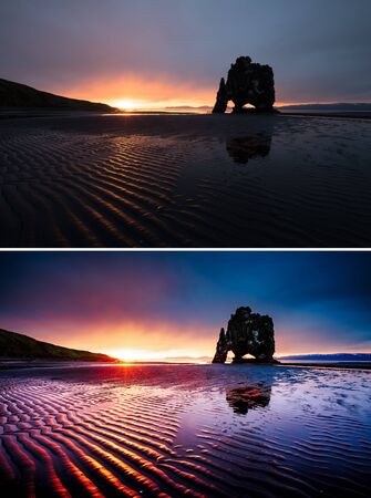 Awesome dark sand after the tide. Location Hvitserkur, Vatnsnes peninsula, Iceland, Europe. Amazing scene. Images before and after. Original or retouch, example of photo editing. Beauty of earth.の写真素材
