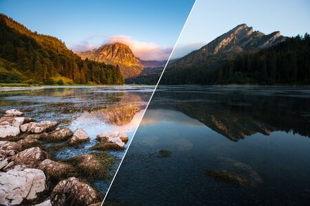 Amazing view of lake Obersee at twilight. Location place Nafels, Mt. Brunnelistock, Swiss alps, Europe. Beauty of earth. Images before and after. Original or retouch, example of photo editing process.の写真素材