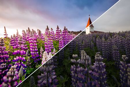 Amazing view of Vikurkirkja christian church in evening light. Location Vik i Myrdal village,...
