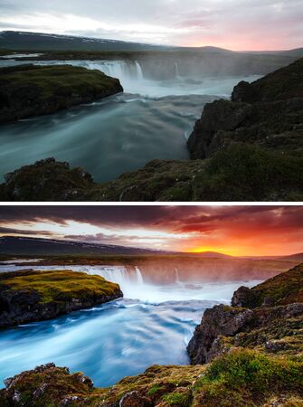 Amazing view of powerful Godafoss cascade. Location Bardardalur valley, Skjalfandafljot river, Iceland, Europe. Images before and after. Original or retouch, example of photo editing. Beauty of earth.の写真素材