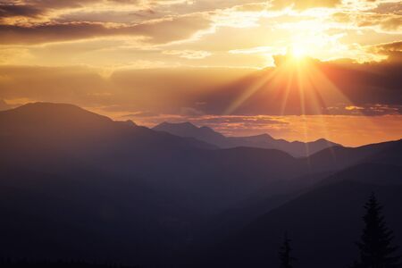 Awesome sunset in the alpine highlands. Location place Carpathian mountains, Ukraine, Europe....