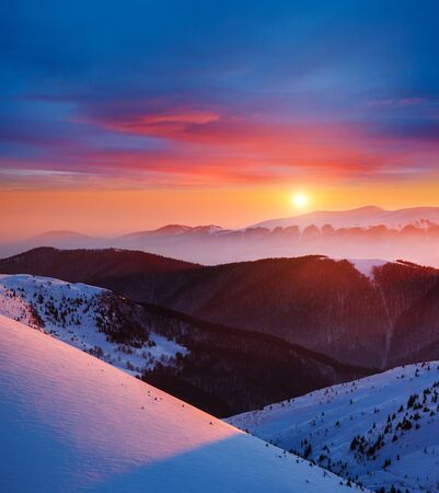 Aerial view of the beautiful landscape. Location Carpathian mountains, Ukraine, Europe. Magical wintry scene on a frosty day.の写真素材