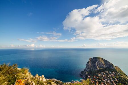 Fantastic view of the azure sea on a sunny day. Location place Island Sicilia, Zafferano cape, Palermo city, Italy, Europe. Scenic image of the summer holiday season. Discover the beauty of earth.の写真素材