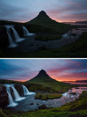 Amazing mountain view of Kirkjufell volcano. Location Kirkjufellsfoss, Iceland, Europe. Beautiful...