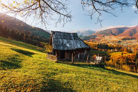 Fantastic sunny day in the countryside and the old hut. Location rural place of Ukraine, Europe. Scenic image of incredible nature landscape, attractive mountain view. Discover the beauty of earth.の写真素材