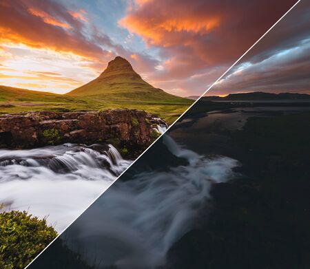 Beautiful view of Kirkjufell volcano at sunset. Location Kirkjufellsfoss waterfall, Iceland, Europe. Images before and after. Original or retouch, example of photo editing process. Beauty of earth.の写真素材