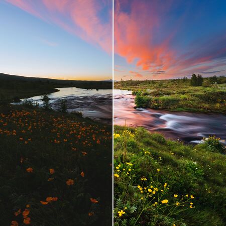 Amazing view of river in morning light. Location place Geyser Park, Haukadalur valley, Iceland,...