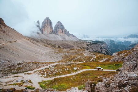 Great view of alpine rocky massif. Location National Park Tre Cime di Lavaredo, Dolomiti South...