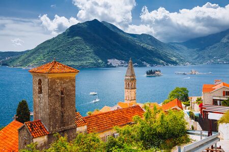 Wonderful scene of famous Kotor bay (Boka Kotorska) and St. Nikola Church. Location place Perast,...