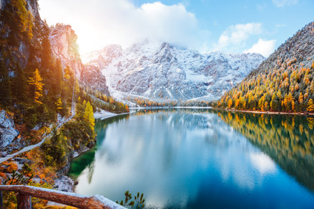 Perfect scenery of famous alpine lake Braies (Pragser Wildsee). Location Dolomiti Alps, national park Fanes-Sennes-Braies, Italy, Europe. Scenic image of Italian Alps. Discover the beauty of earth.の写真素材