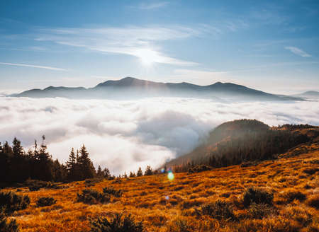Splendid view of the mountains covered with thick fog. Location place of Carpathian mountains, Ukraine, Europe. Drone photography. Perfect natural wallpaper background. Discover the beauty of earth.の写真素材