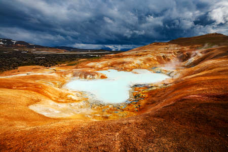 Majestic view of the geothermal valley Leirhnjukur. Location place Northeastern region, Krafla volcano, Iceland, Europe. Image of exotic world landmarks. Photo wallpaper. Discover the beauty of earth.の写真素材