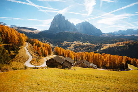 Splendid autumn landscape in Val Gardena. Location National Park Dolomiti, Trentino Alto Adige, province of Bolzano, Italy, Europe. Scenic image of tourist attraction. Discover the beauty of earth.の写真素材