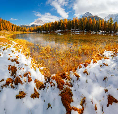 Attractive sunny day on the lake Antorno in National Park Tre Cime di Lavaredo. Location Dolomiti alps, Province of Belluno, Italy, Europe. Scenic image of Italian Alps. Discover the beauty of earth.の写真素材