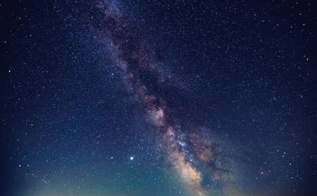 Gorgeous night landscape with bright Milky Way. Location place of Carpathian mountains, Ukraine, Europe. Long exposure shot. Picturesque astrophotography. Discover the beauty of earth.の写真素材