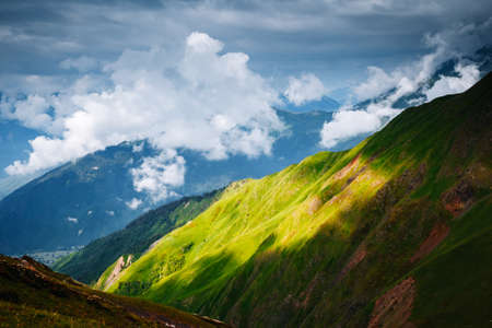 Splendid summer view of alpine landscape at the foot of Mt. Ushba. Location place Upper Svaneti region, Georgia, Europe. Main Caucasian ridge. Vibrant photo wallpaper. Discover the beauty of earth.の写真素材