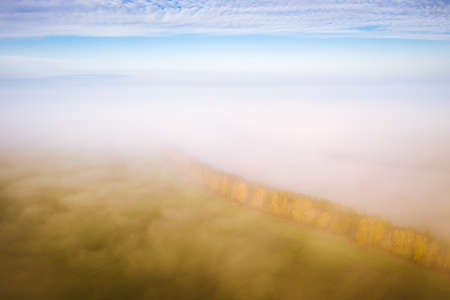 Breathtaking top view of the misty valley in the morning. Aerial photography, drone shot. Location...