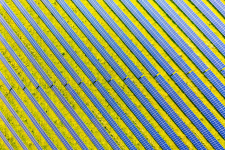 Top view on photovoltaic solar power panels. Alternative electricity source. Saving environment,...