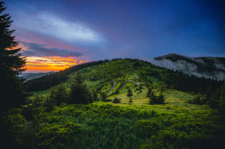 Attractive evening landscape illuminated by the sunset. Location place of Carpathian mountains, Ukraine, Europe. Image of exotic summer scene. Artistic wallpaper. Discover the beauty of earth.の写真素材