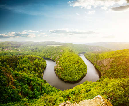 Beautiful view of canyon Vltava river from Maj viewpoint. Location country of Czech Republic, Krnany, Europe. Exotic place, picturesque summer scene. Artistic wallpaper. Discover the beauty of earth.の写真素材