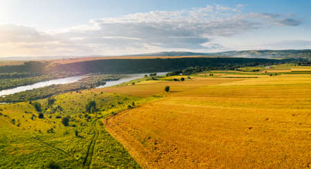 Attractive bird's eye view of the Dniester river with small islands. Location place Dnister canyon of Ukraine, Europe. Aerial photography, drone shot. Photo wallpaper. Discover the beauty of earth.の写真素材