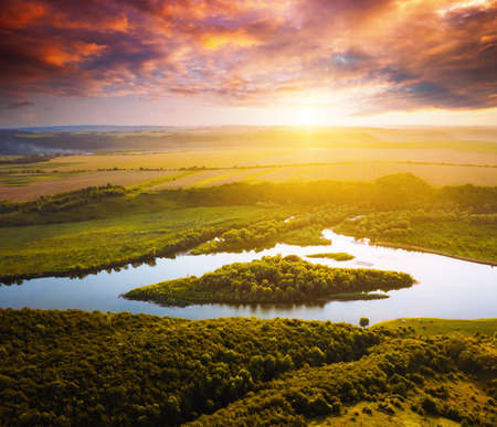 Attractive aerial top view of the sinuous Dniester River. Location place Dnister canyon of Ukraine, Europe. Aerial photography, drone shot. Picturesque photo wallpaper. Discover the beauty of earth.の写真素材