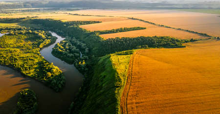 Attractive bird's eye view of the Dniester river with small islands. Location place Dnister canyon of Ukraine, Europe. Aerial photography, drone shot. Photo wallpaper. Discover the beauty of earth.の写真素材
