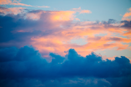 Spectacular colorful sunset with cloudy sky. Photo of textured sky. Scenic image of dramatic light in summer weather. Breathtaking natural wallpaper background. Discover the beauty of earth.の写真素材