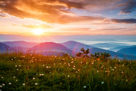 The sun sets over the mountain ranges. Location place Carpathian mountains, Ukraine, Europe. Perfect summertime wallpaper. Image of an magical sunset. Summer vacation. Discover the beauty of earth.の写真素材
