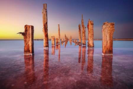 Perfect view of pink salty lake at sunset. Location place of Syvash Lake, Kherson Region, Ukraine, Europe. Vibrant photo wallpaper. Picturesque nature photography. Discover the beauty of earth.の写真素材