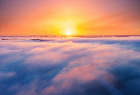 Fantastic misty view of the splendid countryside with the rays of morning light. Location place Dniester canyon of Ukraine, Europe. Aerial photography, drone shot. Photo wallpaper. Beauty of earth.の写真素材
