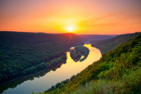 Awesome bird's eye view of the Dniester river with small islands. Location place Dnister canyon of Ukraine, Europe. Aerial photography, drone shot. Photo wallpaper. Discover the beauty of earth.の写真素材