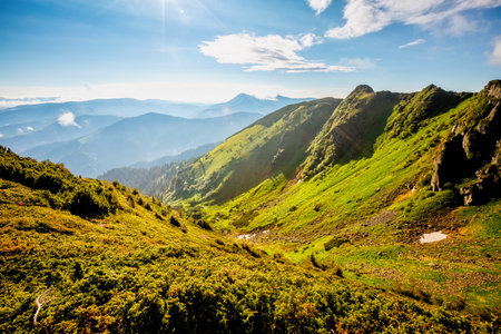 Majestic summer landscape in wild mountains. Location place of Carpathian mountains, Ukraine, Europe. Vibrant photo wallpaper. Picturesque nature photography. Discover the beauty of earth.の写真素材