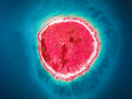 Stunning aerial photo of round island in the mediterranean sea. Location place Pula, Croatia, Europe. drone photography. Artistic style picture. abstract infrared wallpaper. wonders of the world.の素材 [FY310206904220]