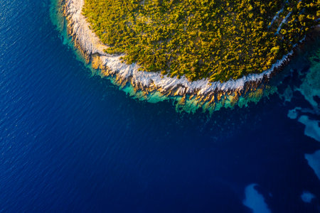 Awesome view of the lagoon of island Losinj on sunny day. Location place Kvarner Gulf, Croatia, Europe. Aerial photography, drone shot. Exotic photo wallpapers. Discover the beauty of earth.の写真素材