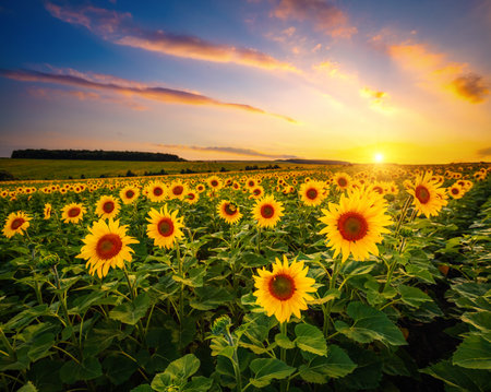Majestic scene of vivid yellow sunflowers in the evening. Location Ukraine, Europe. Photo of ecology concept. agricultural industry. perfect wallpaper. Image of cultivation land. beauty of earth.の写真素材