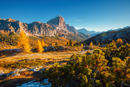 Breathtaking view of the Mt. Tofana di Rozes from Falzarego pass in sunny day. Location place Cortina d'Ampezzo, Dolomiti, South Tyrol, Italy, Europe. photo wallpapers. Discover the beauty of earth.の写真素材