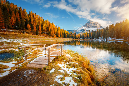 Fantastic sunny day on the lake Antorno in National Park Tre Cime di Lavaredo. Location Dolomiti alps, Province of Belluno, Italy, Europe. Perfect photo wallpapers. Discover the beauty of earth.の写真素材