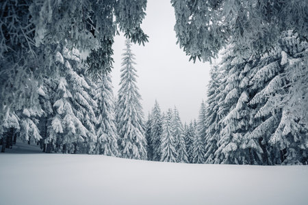 Magical frosty day and snowy coniferous forest. Carpathian mountains, Ukraine, Europe. picturesque wallpapers. Fabulous photo of winter vacation. Happy New Year celebration concept. beauty of earth.の写真素材